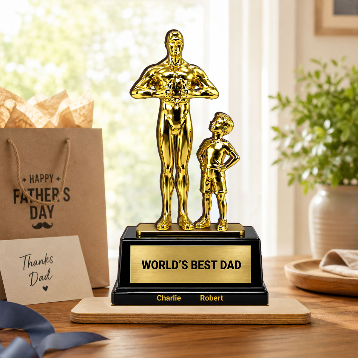 World's Best Dad Trophy - Personalized 2-Layered Wooden Plaque - Gift for Dad, Husband