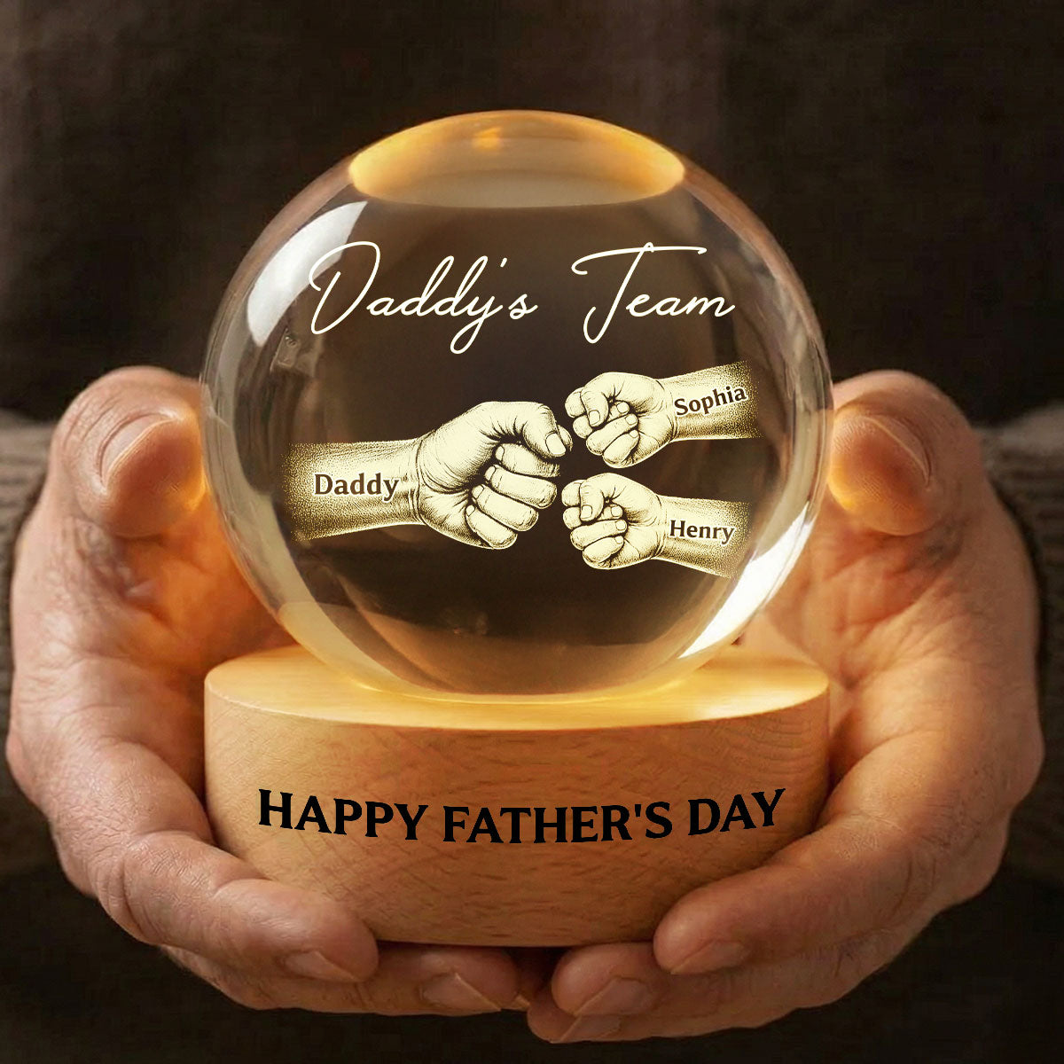 Daddy's Team Fist Bump - Personalized Crystal Ball LED Night Light - Gift For Dad, Husband