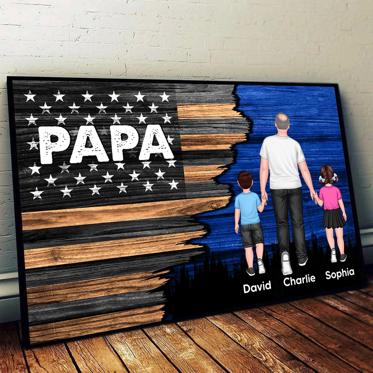 Dad Grandpa Papa Walking With Kids Half Nation Flag Personalized Horizontal Poster, For Dad, For Grandpa, For Husband