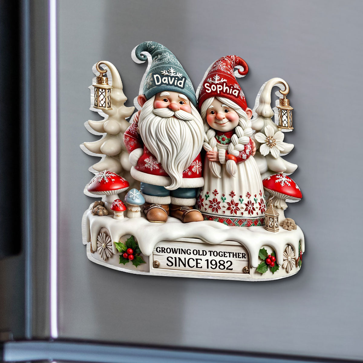 3D Effect Gnome Couple Together Personalized Acrylic Fridge Magnet, 2025 Heartfelt Gift, Anniversary Gift For Couple, For Him, For Her, Husband, Wife
