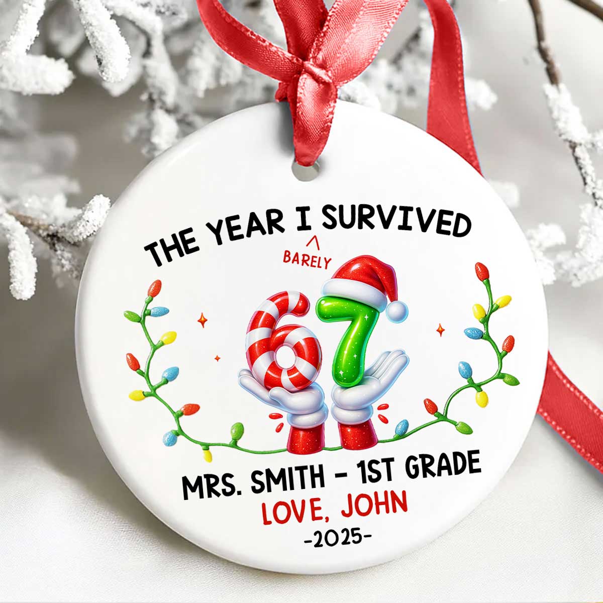 Funny Kids Six Seven Christmas - Personalized Ceramic Ornament - 2025 Slang Christmas, Funny Teen Grandkid Ornament, Gen Alpha Christmas Gift - 67 Gift