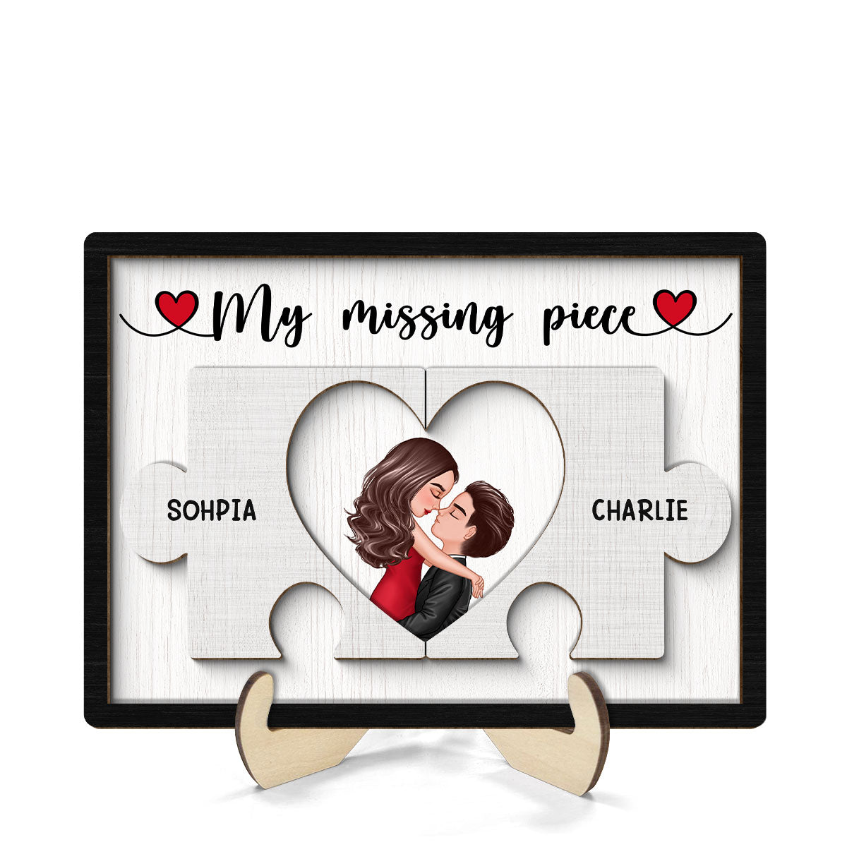 Couple Kissing Missing Piece In Puzzles Personalized 2-layer Wooden Plaque, Valentine‘s Day Gift For Him, For Her