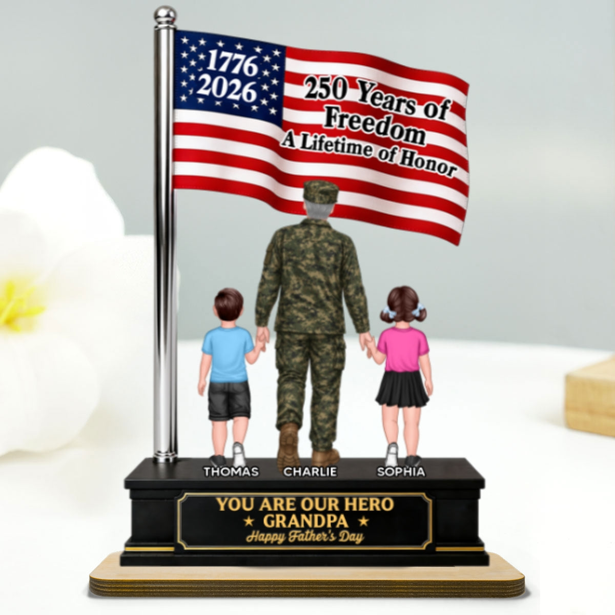 Proud American Military Veteran Grandpa Dad America 250th Anniversary - Personalized 2-Layered Wooden Plaque - Gift For Dad, Grandpa Husband