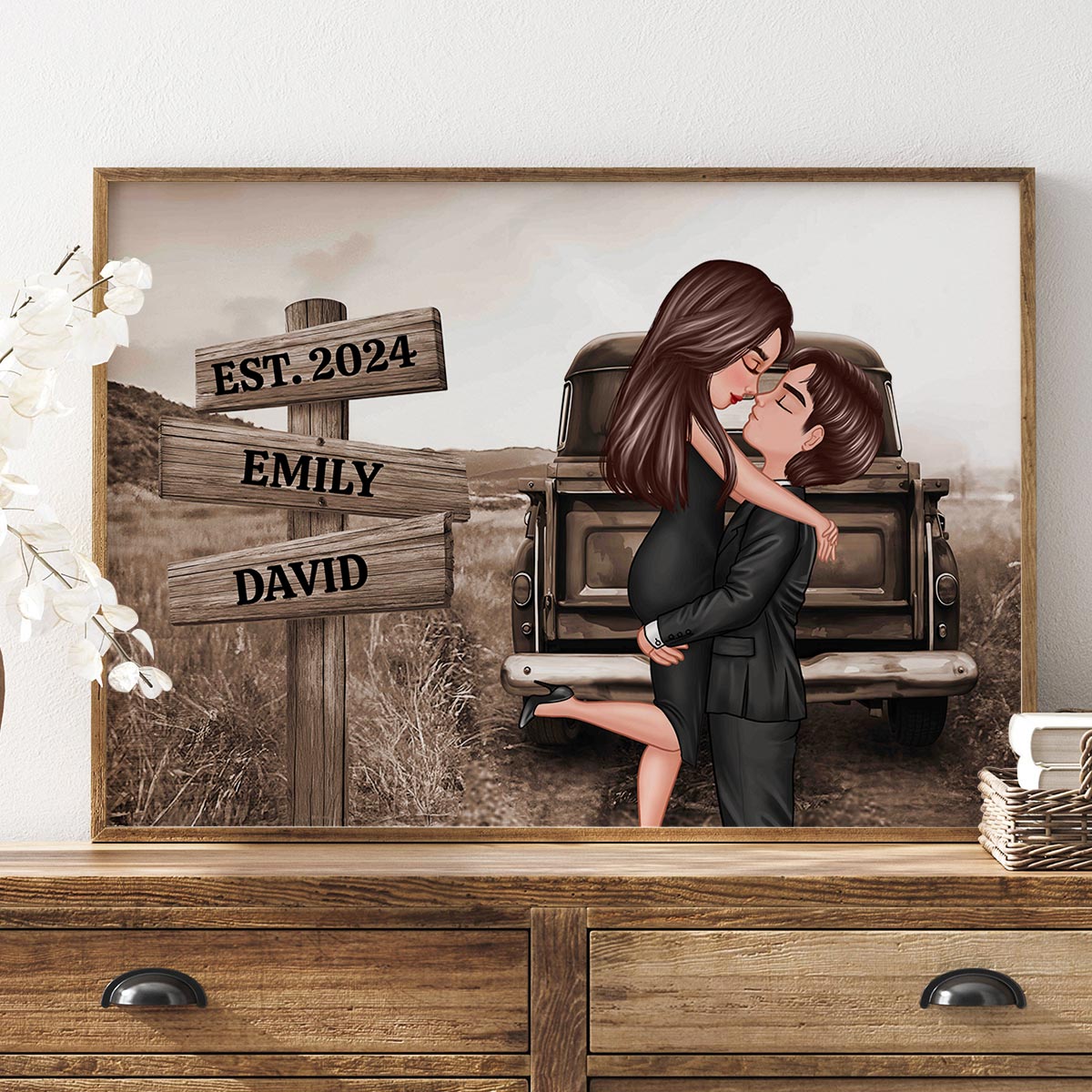 Couple Sign Post Retro Vintage Field Landscape Personalized Poster, Anniversary, Gift for him, Gift for her