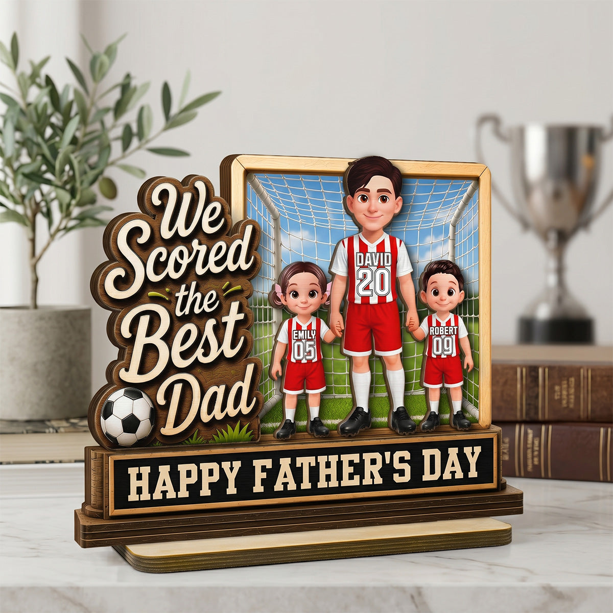 We Scored The Best Dad Dad & Kids In Goal 2D Flat - Personalized 2-Layered Wooden Plaque - Gift For Soccer Dad, UK Football Dad