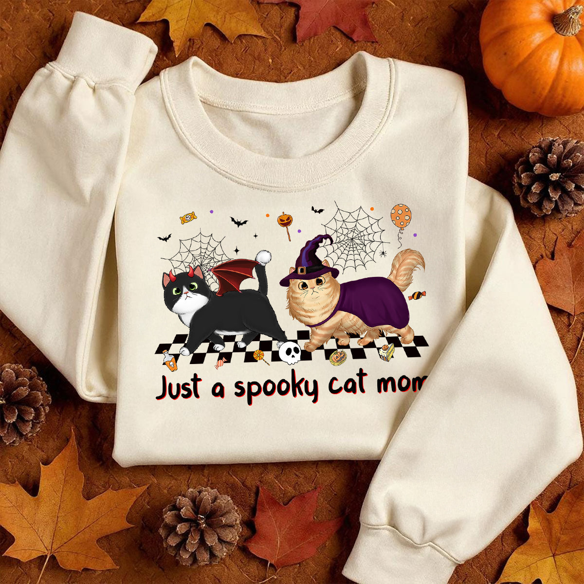 Just A Spooky Cat Mom Fluffy Cat Personalized Sweatshirt, Halloween Costume For Cat Lover