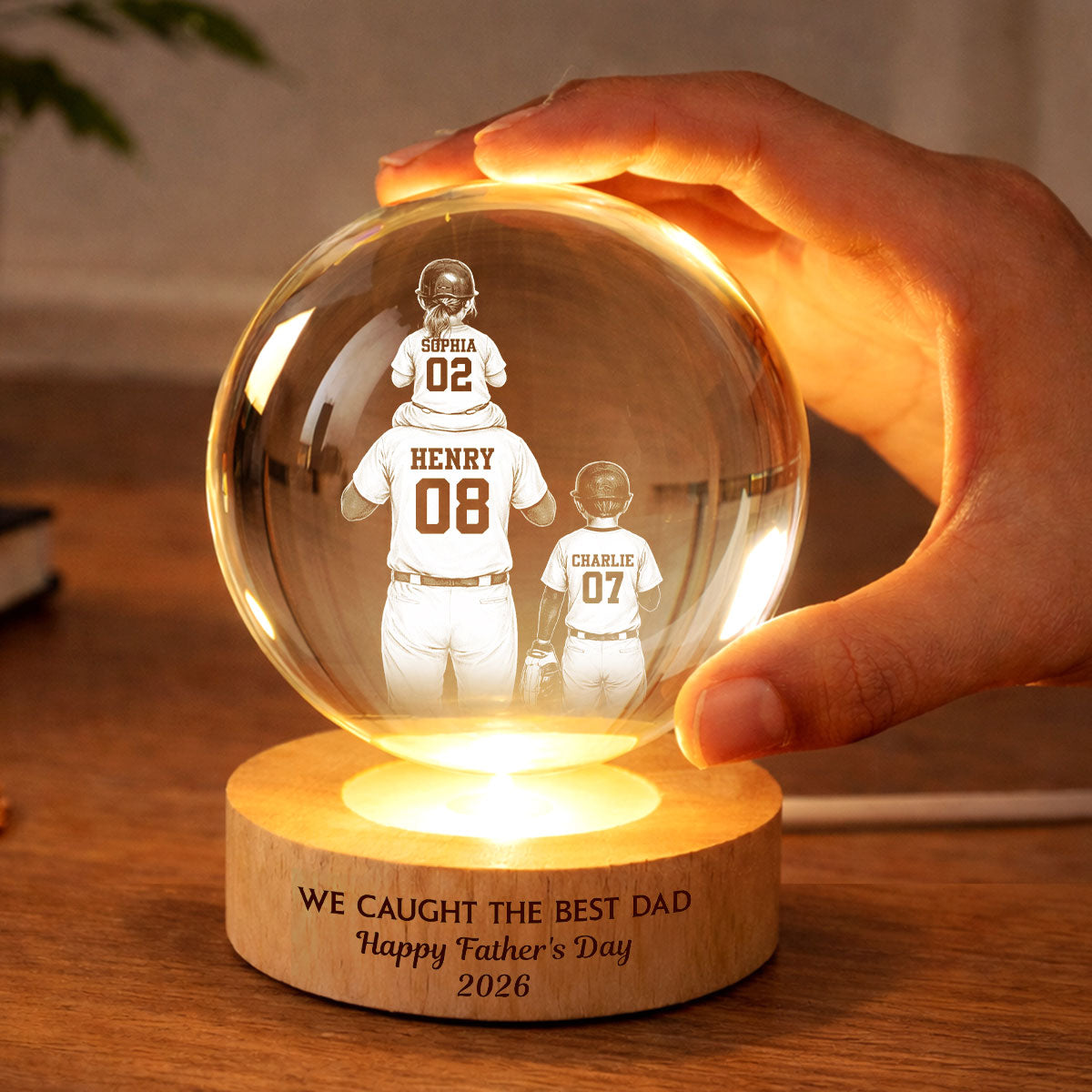We Caught the Best Dad - Personalized Crystal Ball LED Night Light - Gift for Dad, Husband