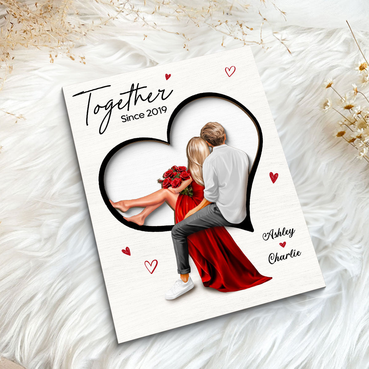 Couple Sitting On Heart Engraved Personalized 2-Layer Wooden Plaque, gift, Anniversary Gift for Couples