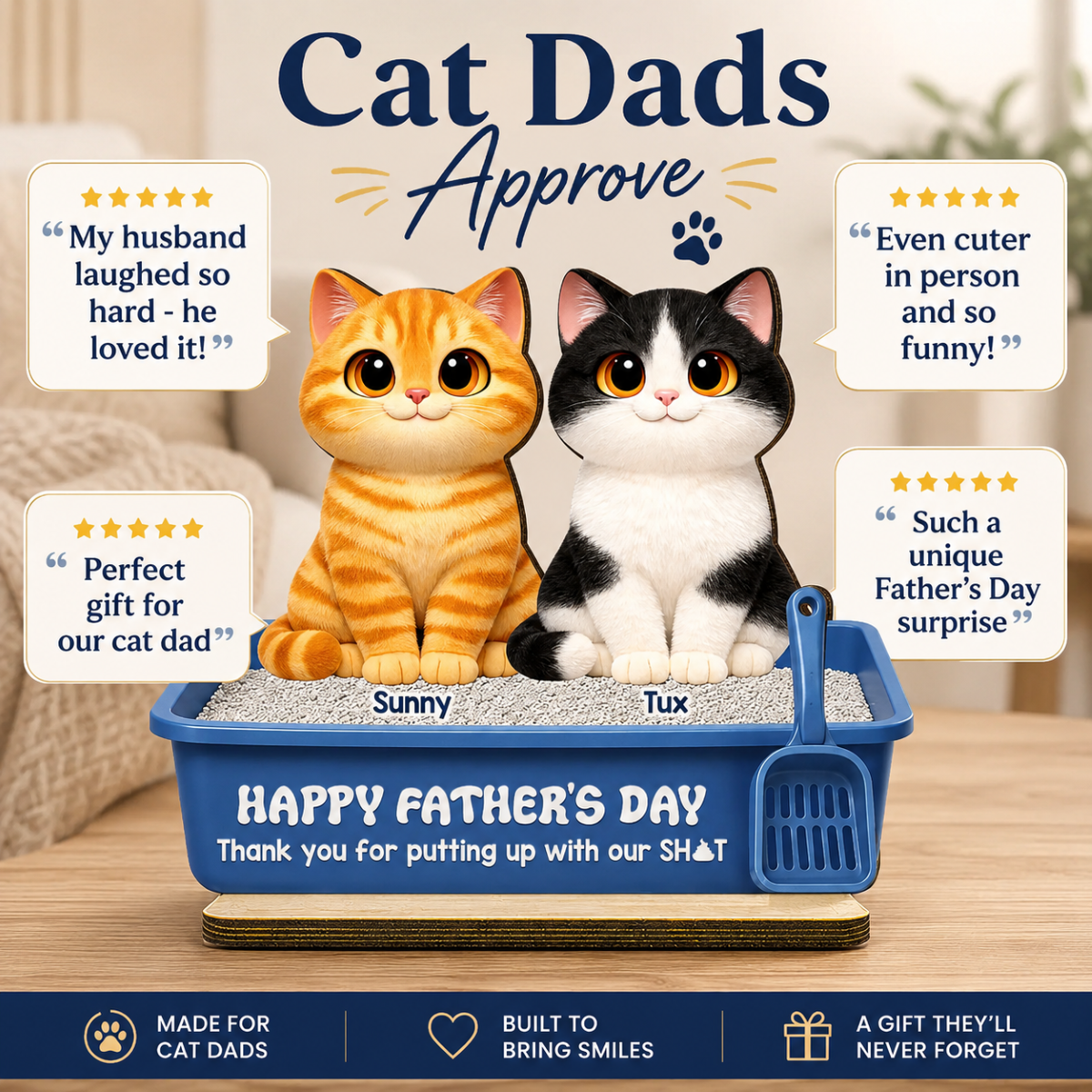 Cute Fluffy Cats Happy Thanks For Feeding And Scooping Poo 2D Flat - Personalized 2-Layered Wooden Plaque - Funny Gift For Cat Dad, Cat Lovers