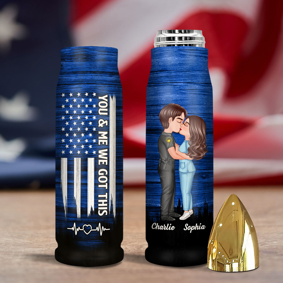 Hero Couple Hugging Kissing Half Flag Gift by Occupation Gift For Her Gift For Him Personalized Bullet Tumbler
