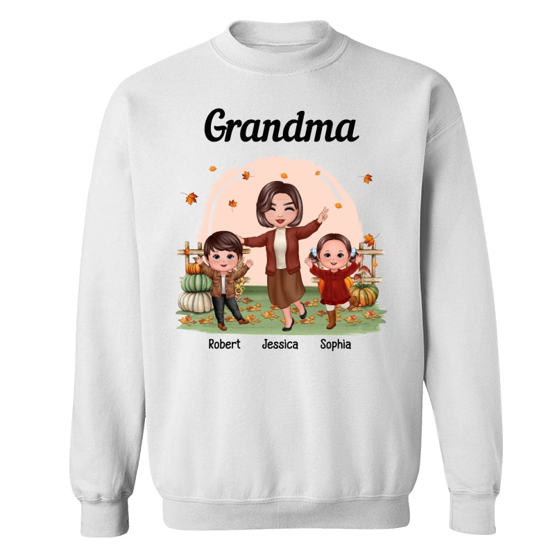 Fall Season Happy Doll Grandma And Grandkids In The Pumpkin Patch Personalized Shirt