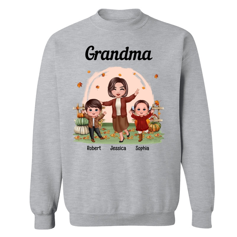 Fall Season Happy Doll Grandma And Grandkids In The Pumpkin Patch Personalized Shirt