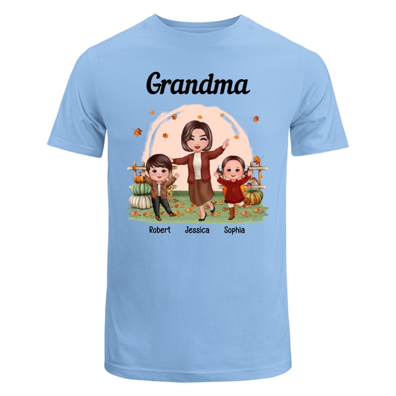 Fall Season Happy Doll Grandma And Grandkids In The Pumpkin Patch Personalized Shirt