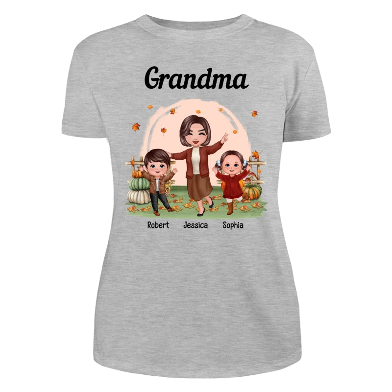 Fall Season Happy Doll Grandma And Grandkids In The Pumpkin Patch Personalized Shirt