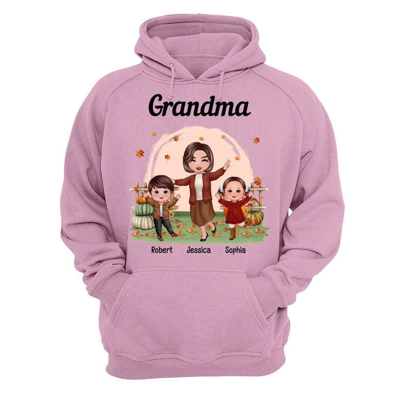 Fall Season Happy Doll Grandma And Grandkids In The Pumpkin Patch Personalized Shirt