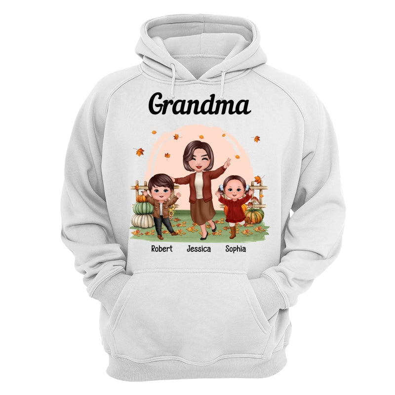 Fall Season Happy Doll Grandma And Grandkids In The Pumpkin Patch Personalized Shirt