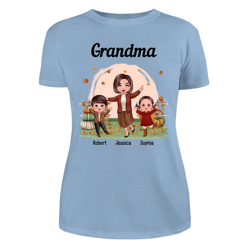 Fall Season Happy Doll Grandma And Grandkids In The Pumpkin Patch Personalized Shirt