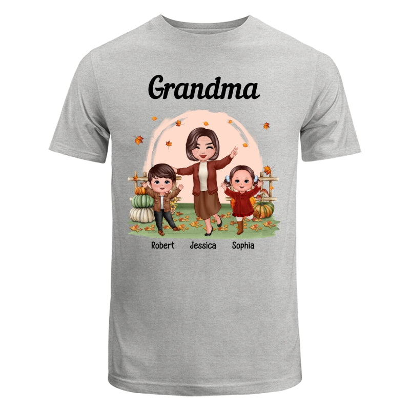 Fall Season Happy Doll Grandma And Grandkids In The Pumpkin Patch Personalized Shirt
