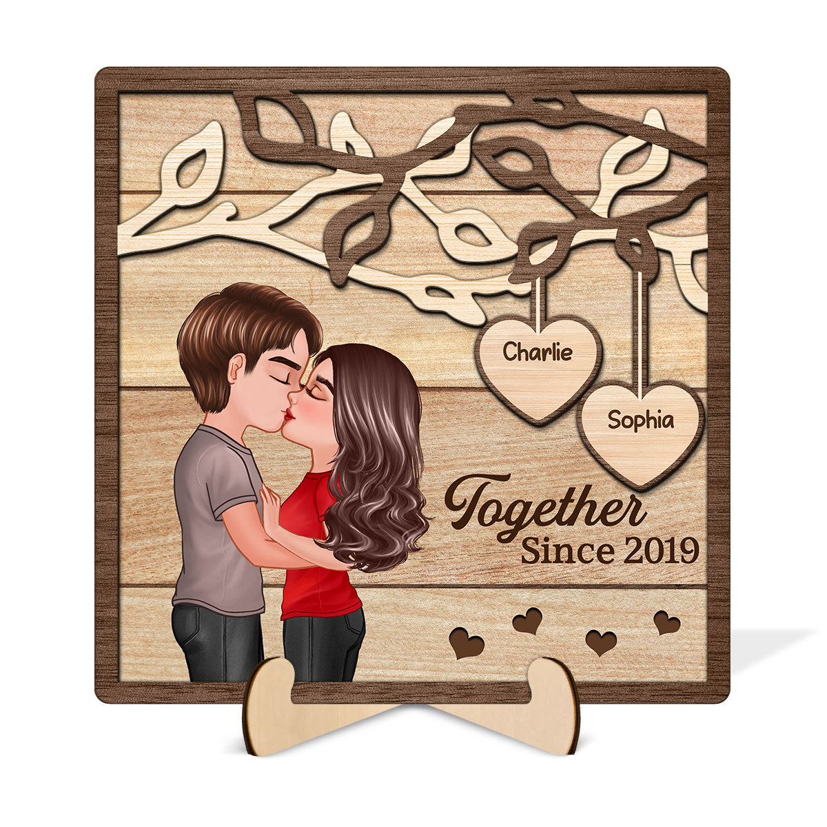 Couple Kissing Under Tree Personalized 2-Layer Wooden Plaque, Gift for Him, Gift for Her