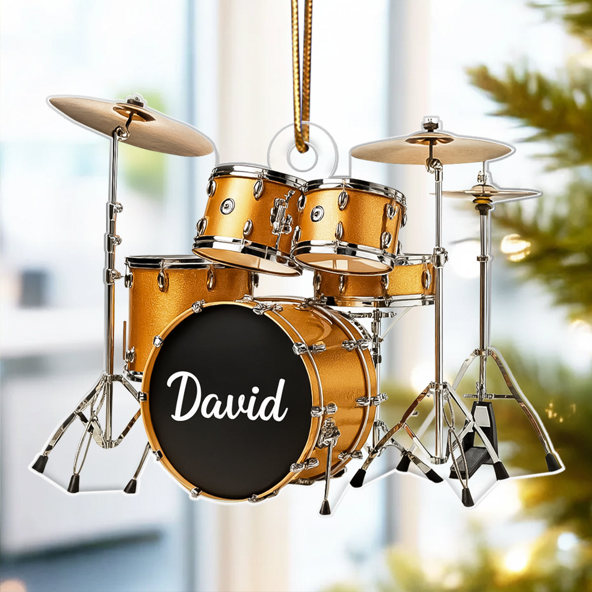 Custom Name Gold Drum Set - Personalized Acrylic Ornament - Thoughtful Drummer Christmas Gift, Musician Christmas Tree Hanging Decor