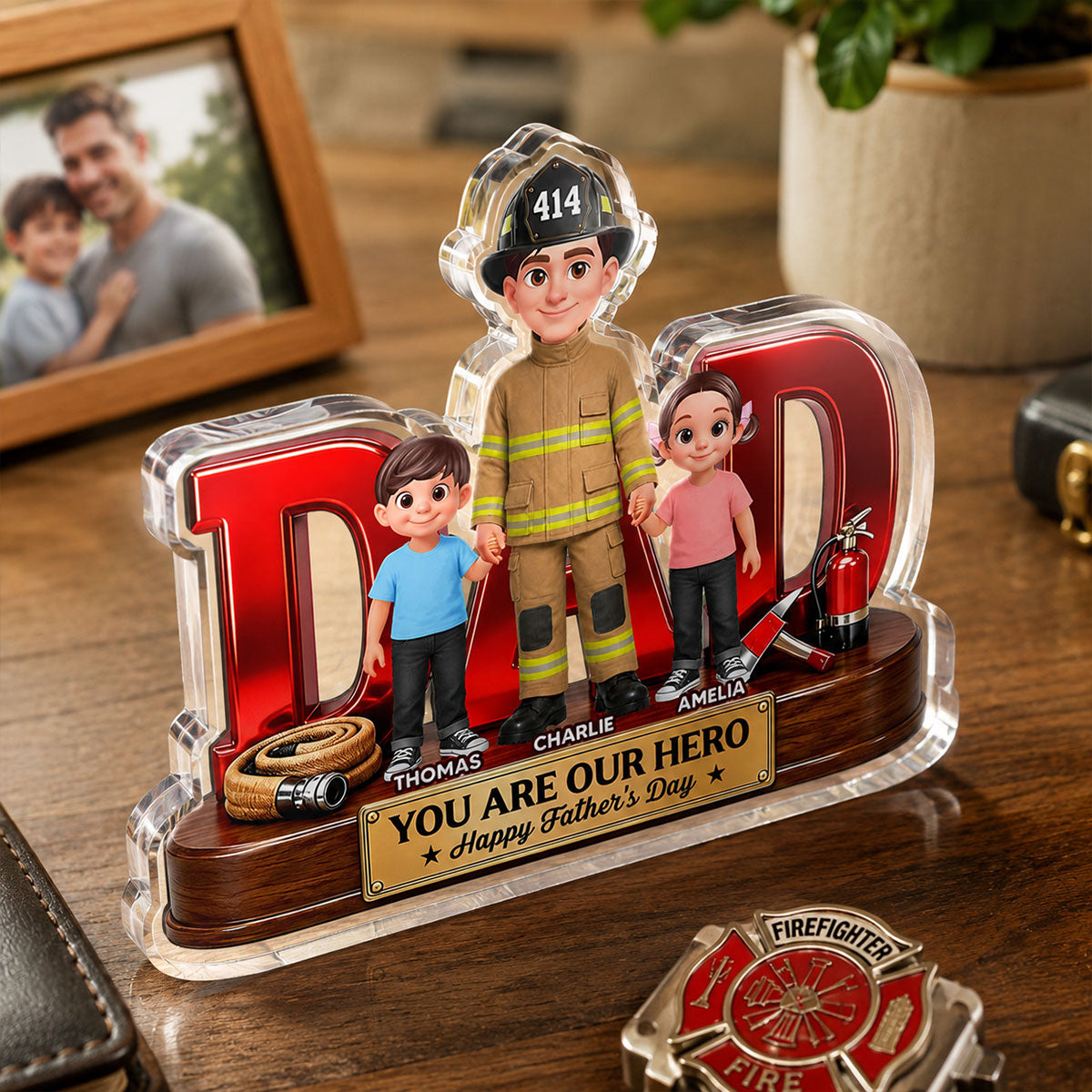 Proud Firefighter Dad You Are Our Hero - Personalized Acrylic Block Plaque - Gift For Dad, Husband