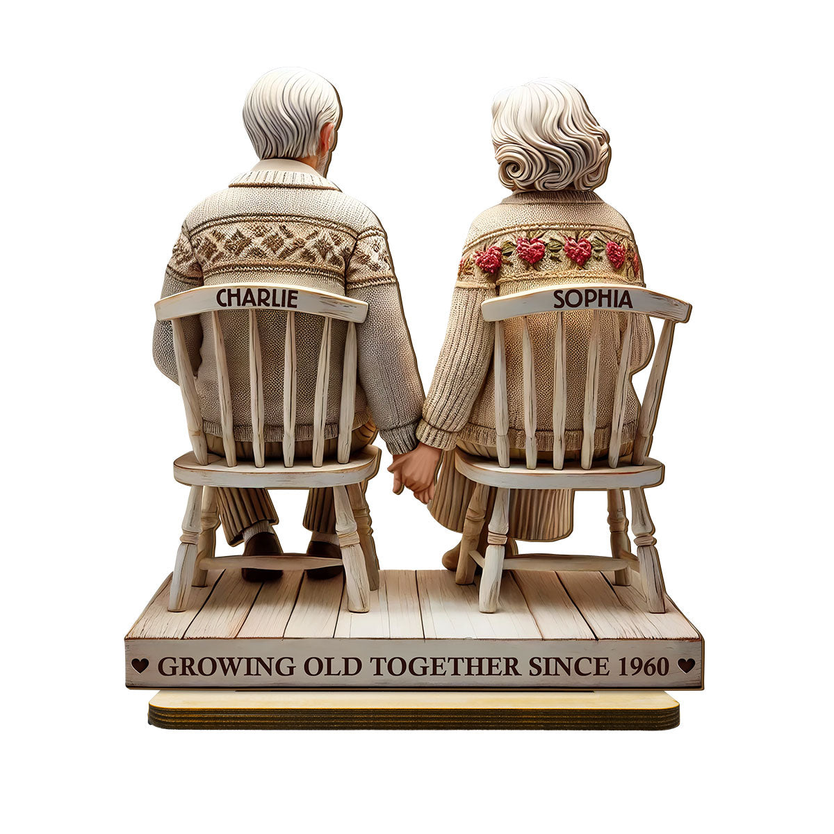 3D Effect Old Couple Holding Hands Sitting Together Personalized Standing Wooden Plaque, Heartfelt Anniversary Gift, Gift For Couple, For Him, For Her, Husband, Wife