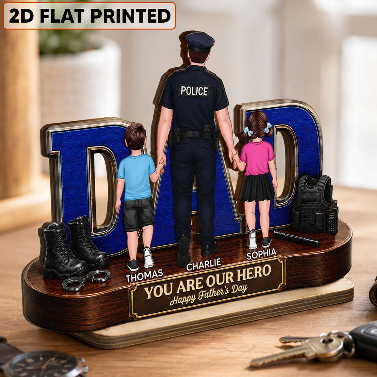 Proud American Police Dad You Are Our Hero - Personalized 2-Layered Wooden Plaque - Unique Trending Gift For Dad, Husband