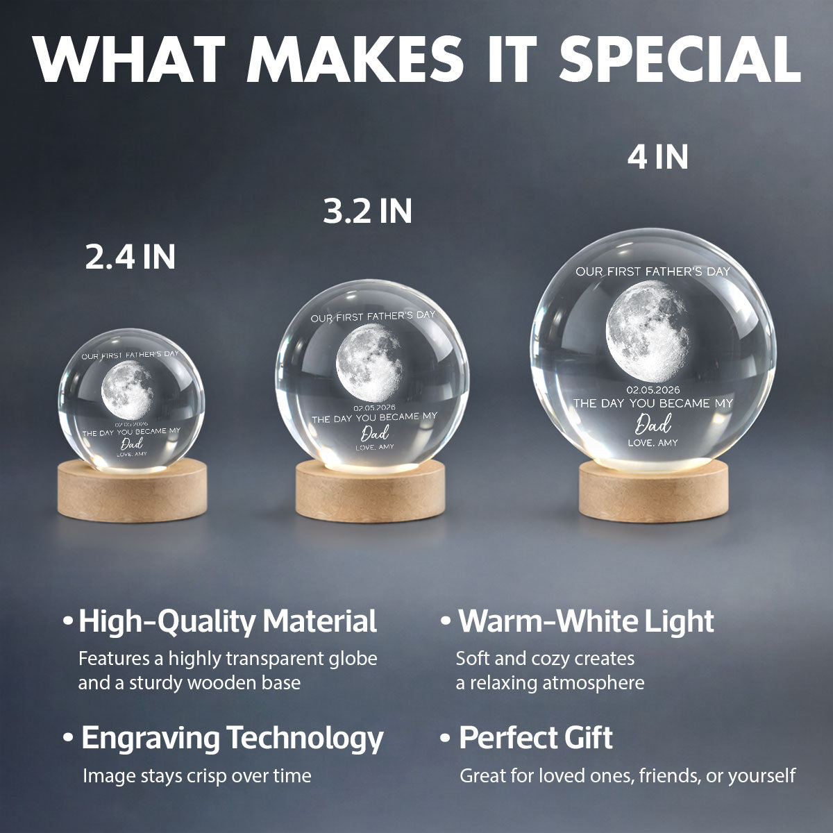 The Day You Became My Dad Custom Moon Phase First - Personalized Crystal Ball LED Night Light - First Gift For New Dad