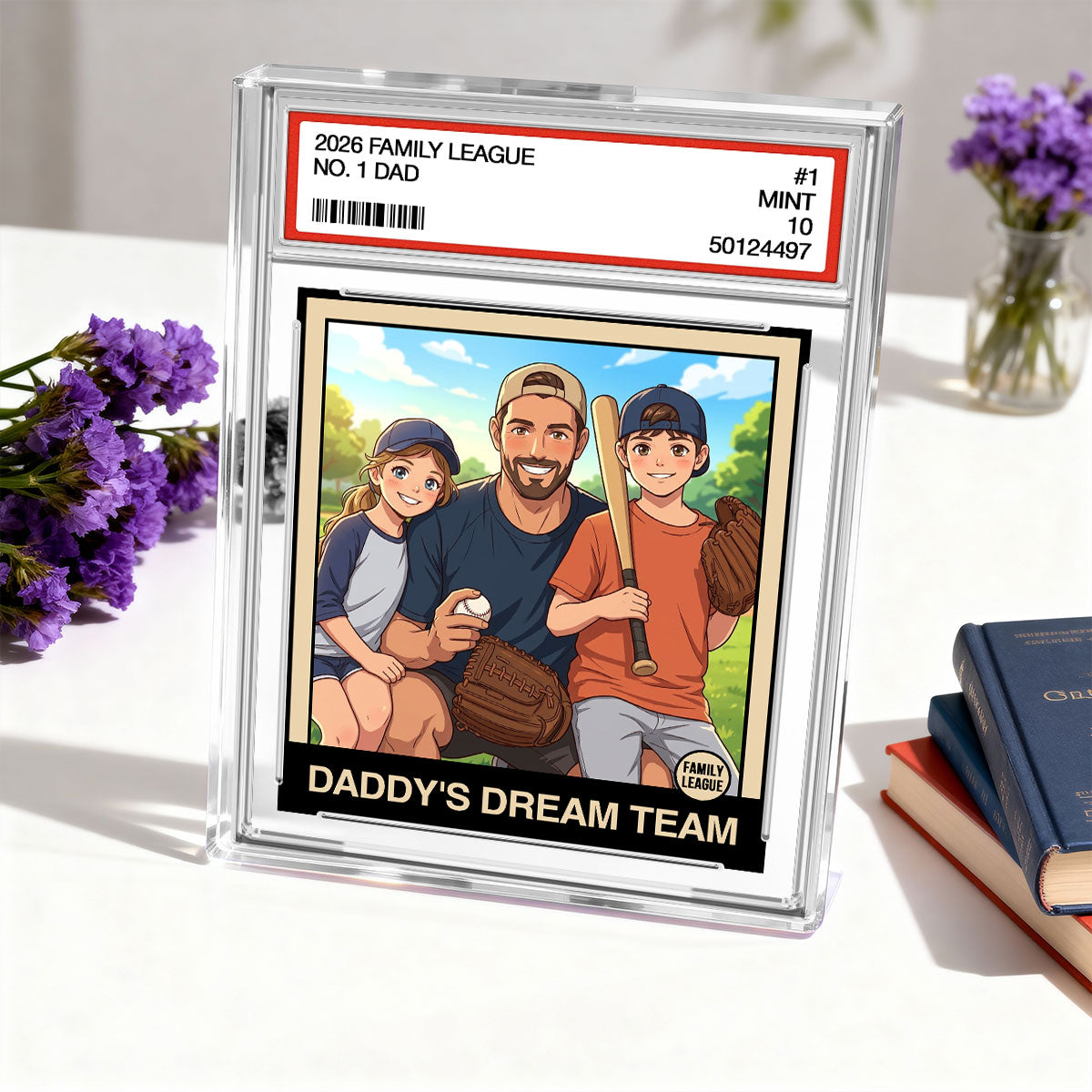 Cartoon Style Baseball Daddy's Dream Team Trading Card - Personalized Acrylic Block Plaque - Gift For Baseball Dad, Husband