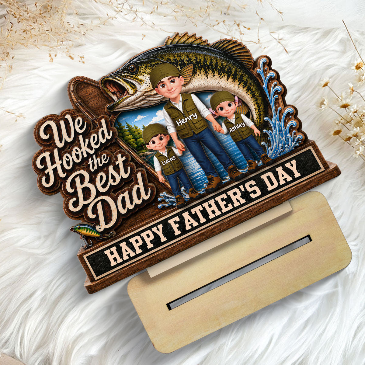 We Hooked The Best Dad Fishing Man & Kids 2D Flat - Personalized 2-Layered Wooden Plaque - Gift For Fishing Dad