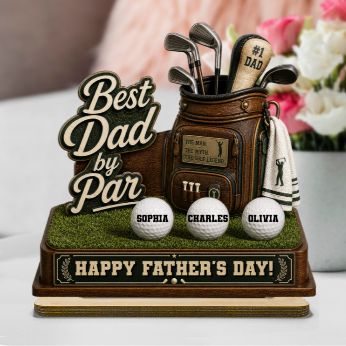 Best Dad By Par Custom Kid Name - Personalized 2-Layered Wooden Plaque - Gift For Golf Dad