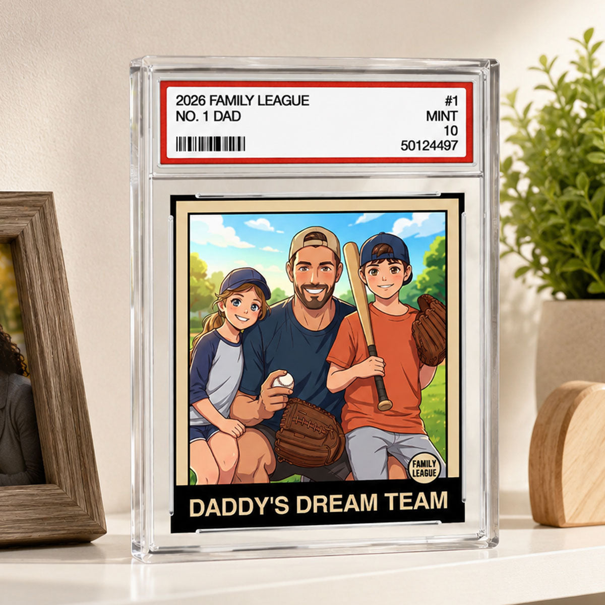 Cartoon Style Baseball Daddy's Dream Team Trading Card - Personalized Acrylic Block Plaque - Gift For Baseball Dad, Husband