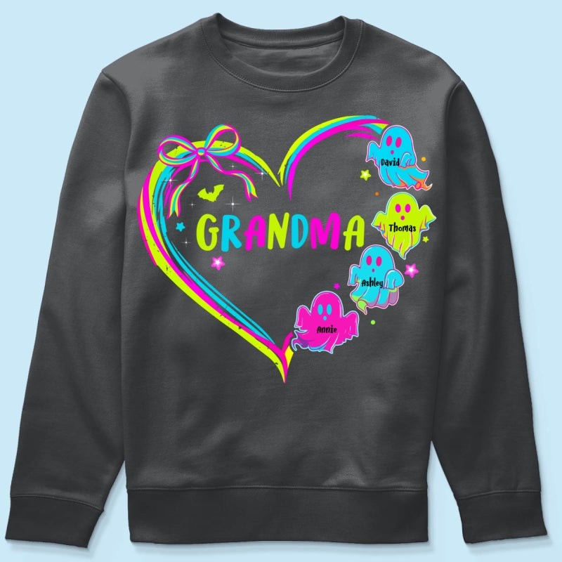 Halloween Preppy Style Neon Colors Boo Kids Names Grandma Heart Personalized Shirt