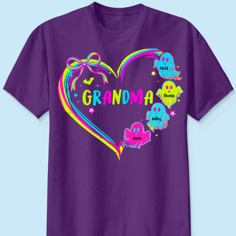Halloween Preppy Style Neon Colors Boo Kids Names Grandma Heart Personalized Shirt