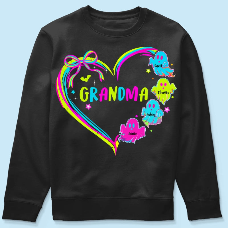 Halloween Preppy Style Neon Colors Boo Kids Names Grandma Heart Personalized Shirt