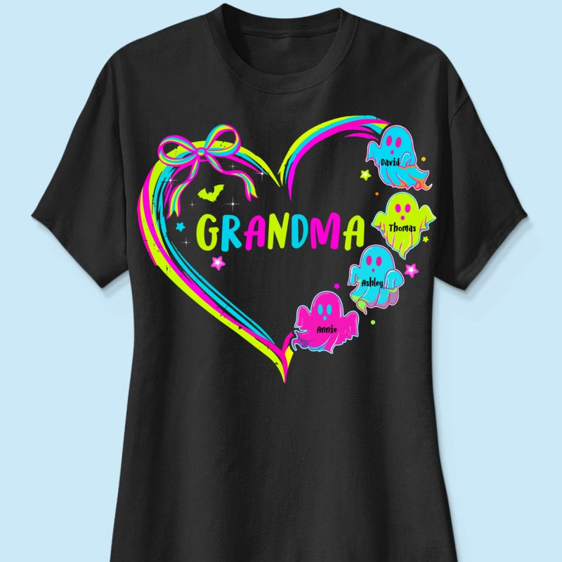 Halloween Preppy Style Neon Colors Boo Kids Names Grandma Heart Personalized Shirt