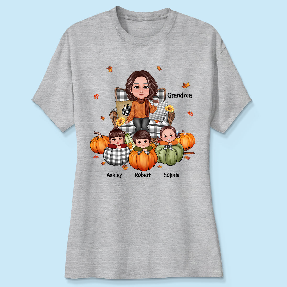 Grandma Sitting On Chair & Kids Pumpkin - Personalized Shirt