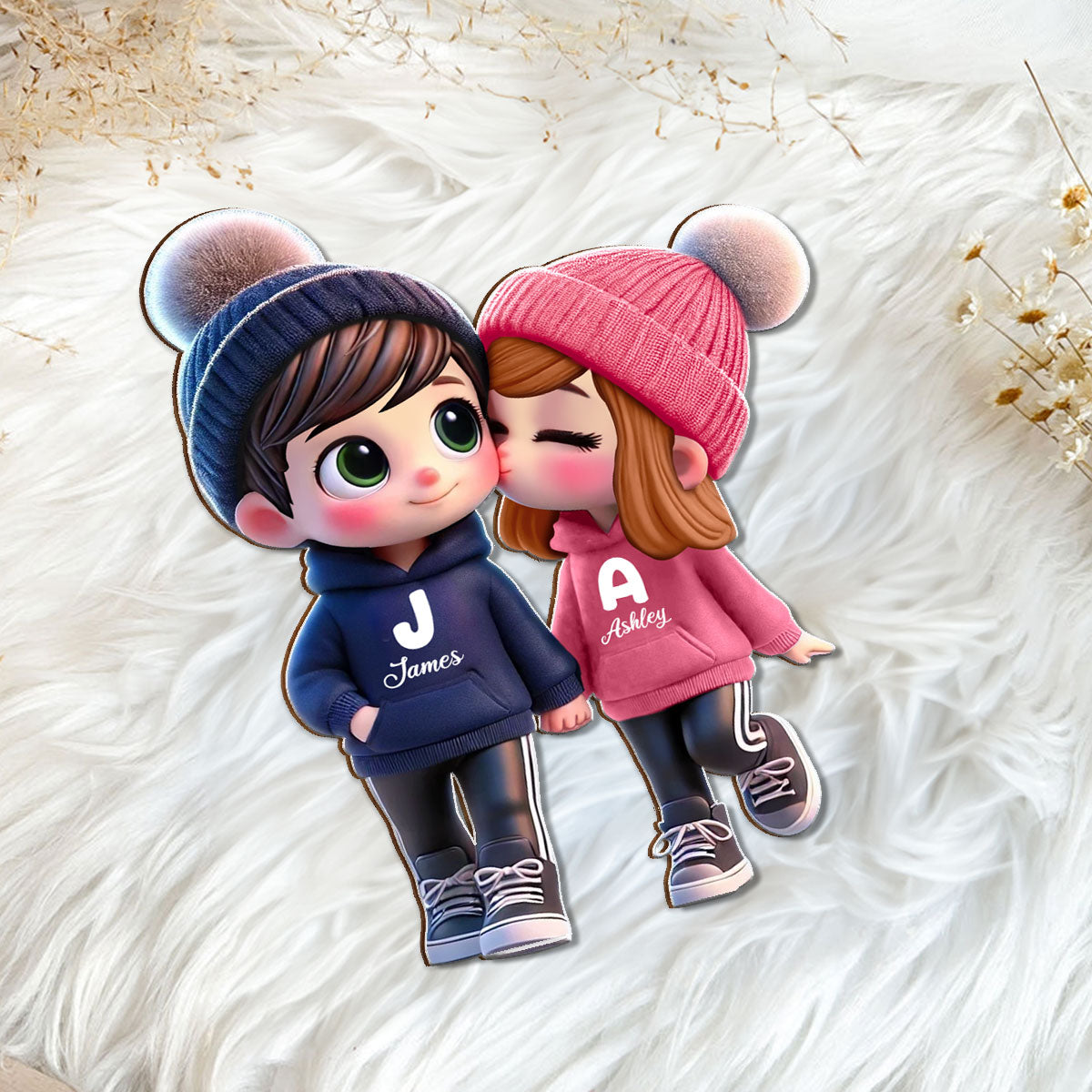 3D Effect Cute Cartoon Couple Walking Personalized Standing Wooden Plaque, Gift for Him, Gift for Her