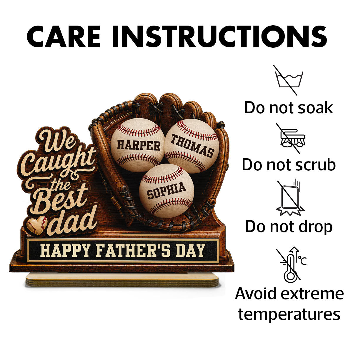 We Caught The Best Dad Baseball In Glove - Personalized 2-Layered Wooden Plaque - Happy For Baseball Dad