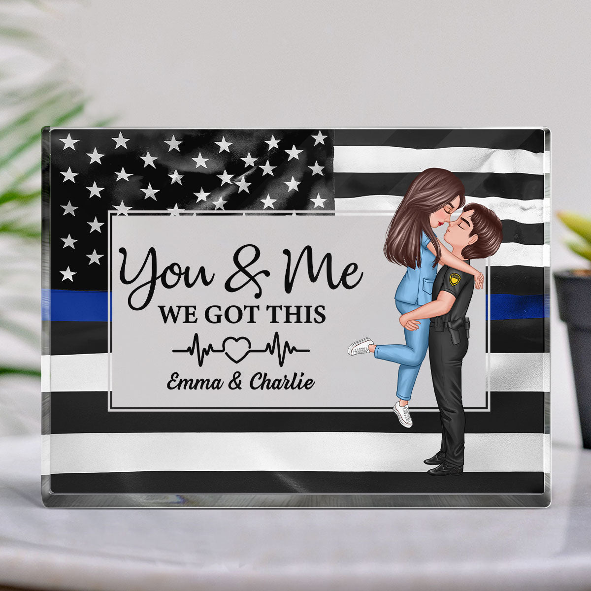 Hero Couple Patriotic USA Flag Personalized Acrylic Block Plaque, Anniversary Gift For Him, For Her
