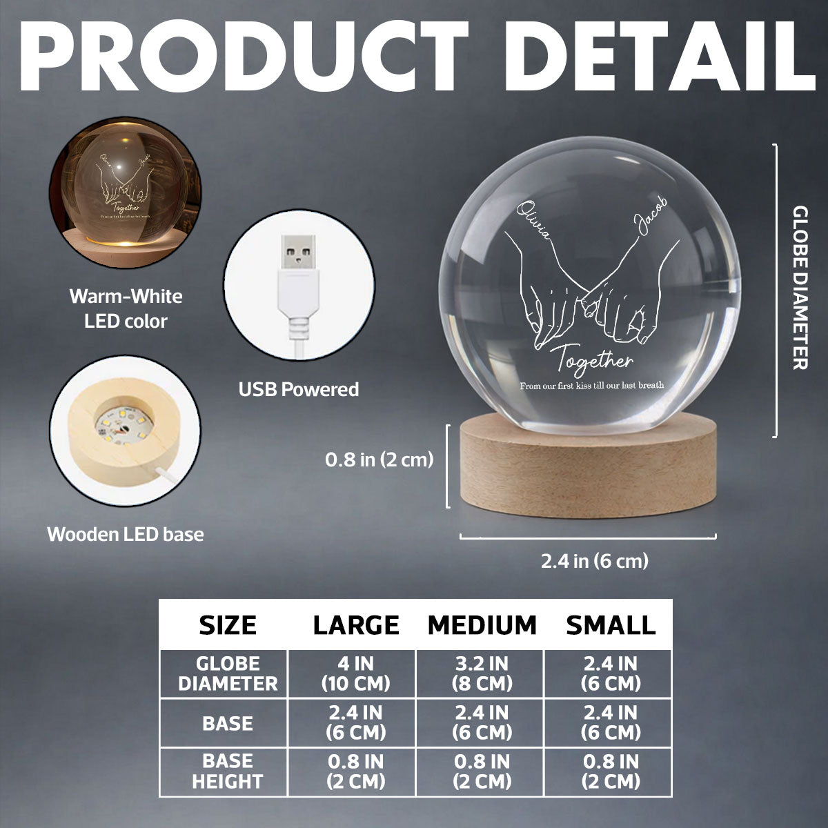 Couple Interlocked Hands - Personalized Crystal Ball LED Night Light - Sentimental Gift for Her, for Him, Couple Keepsake