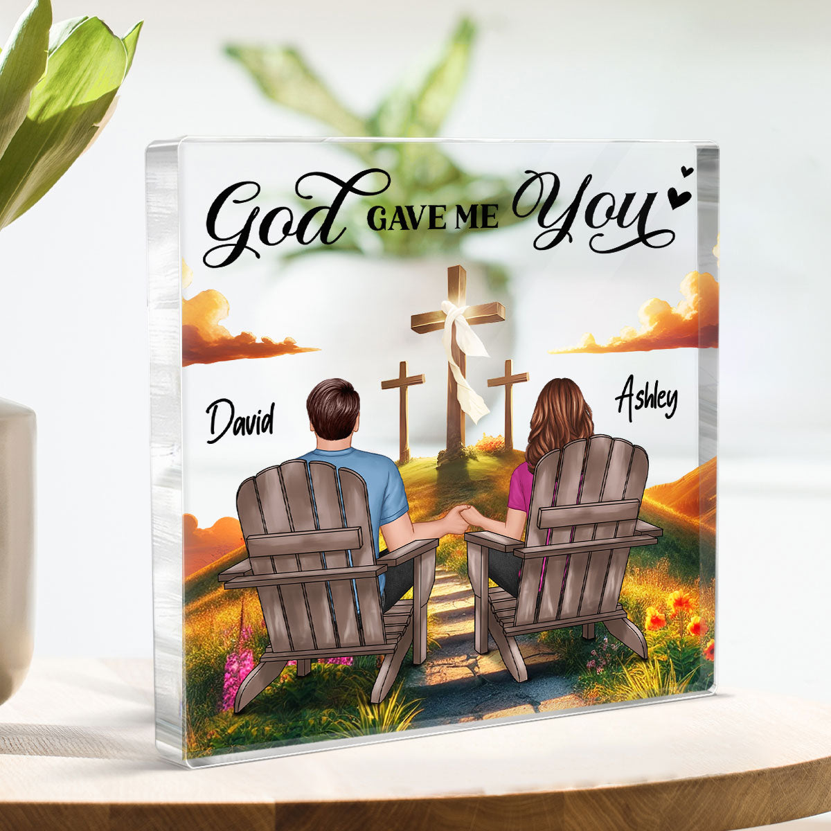 Cross God Knew My Heart Needed You Old Couple Sitting Together Personalized Acrylic Block Plaque, Anniversary Gift For Him, Her, Husband, Wife