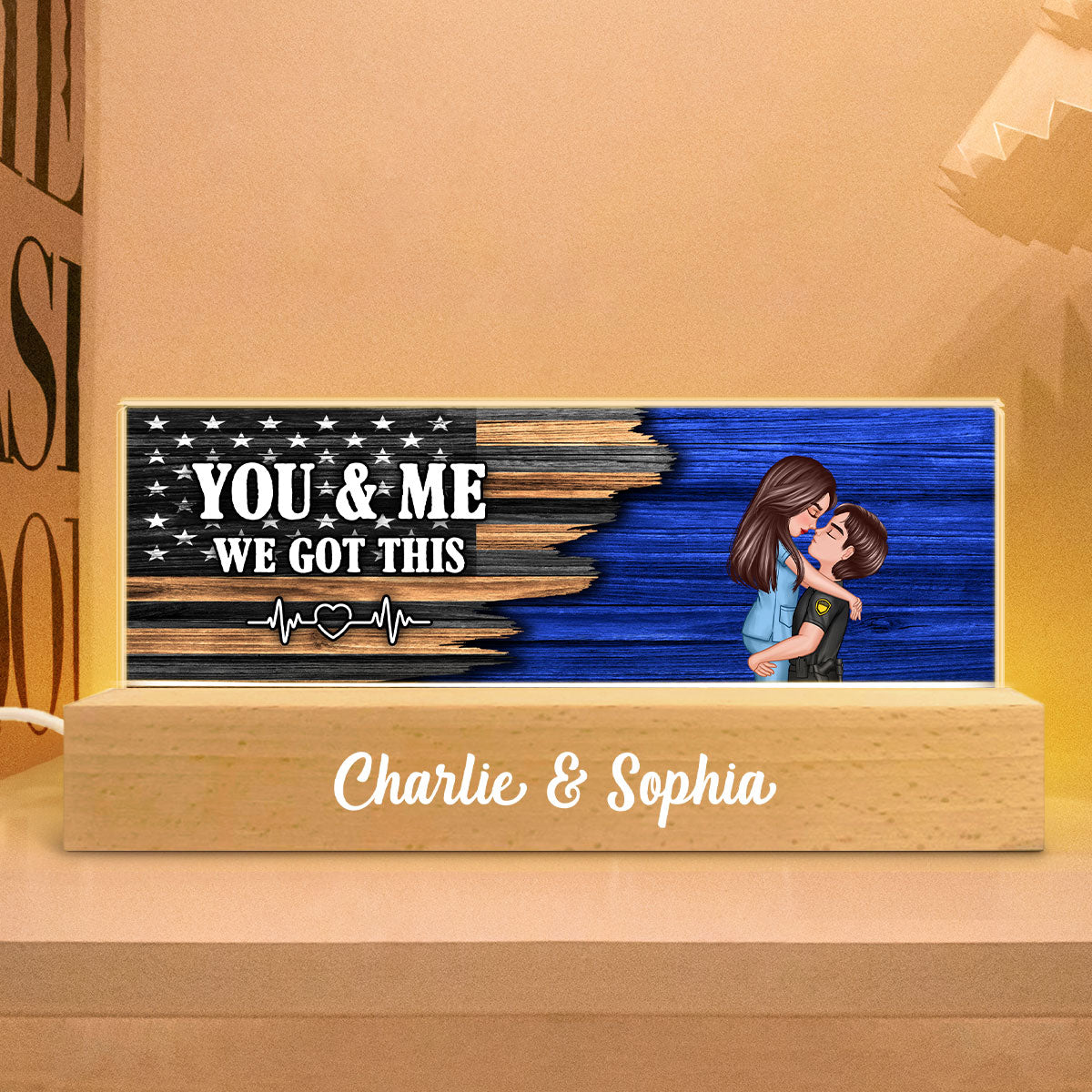 Hero Couple Hugging Kissing Half Flag Gift by Occupation Personalized Acrylic Block LED Night Light