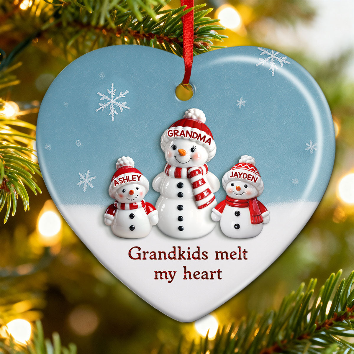 3D Effect Snowman Grandma & Grandkids - Personalized Ceramic Ornament - Christmas Gift For Grandchildren, Grandma