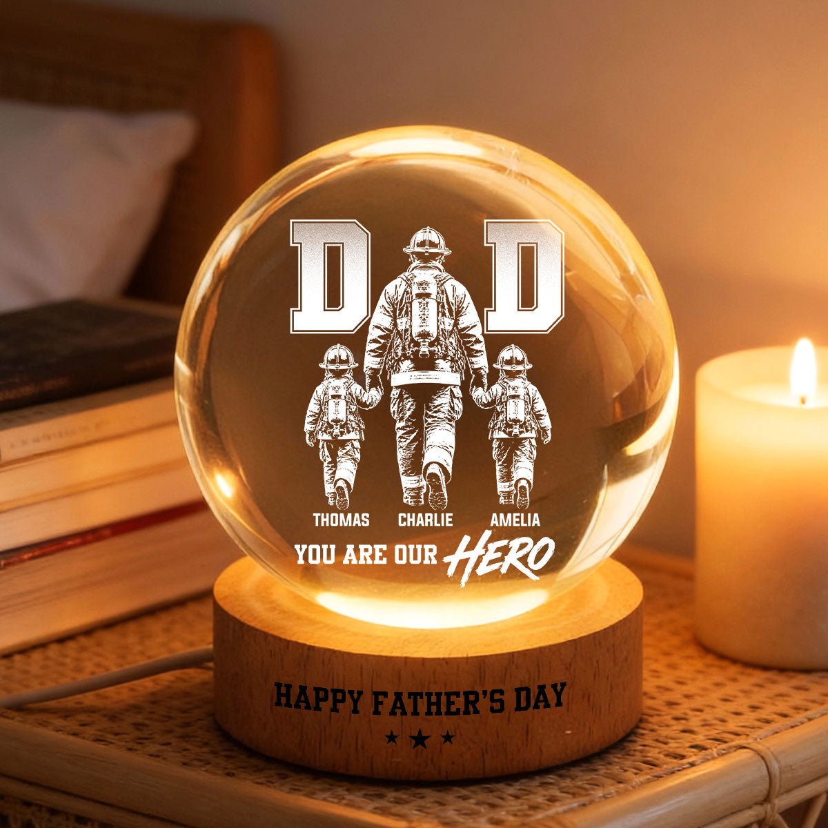 Proud Firefighter Dad You Are Our Hero - Personalized Crystal Ball LED Night Light - Gift For Dad, Husband