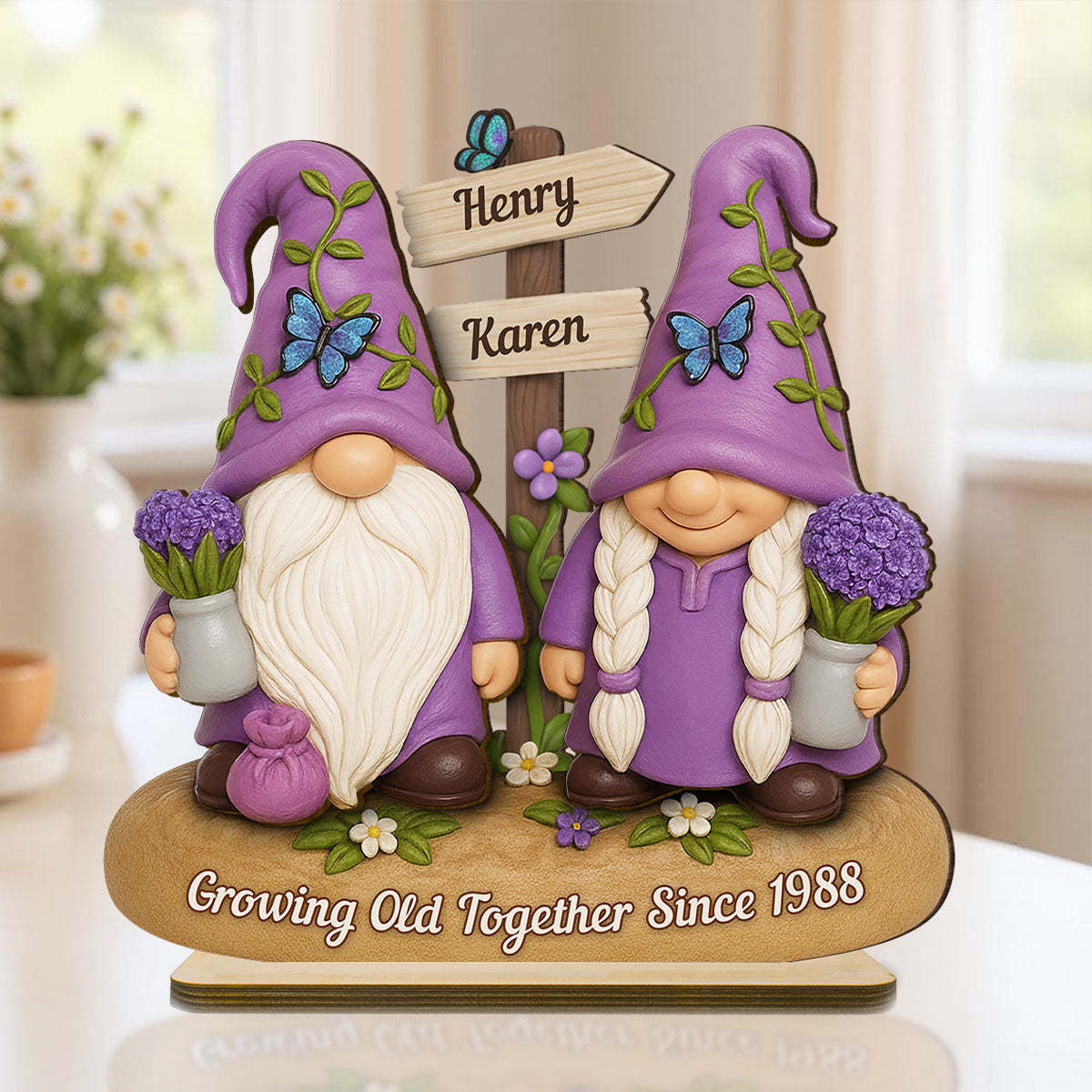Lavender Gnome Couple - Personalized Standing Wooden Plaque - Gift for Couple, for Him, for Her
