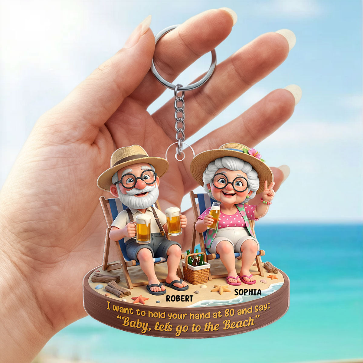 3D Effect Old Couple Baby Let's Go to the Beach - Personalized Acrylic Keychain - Sentimental Gift for him, for her