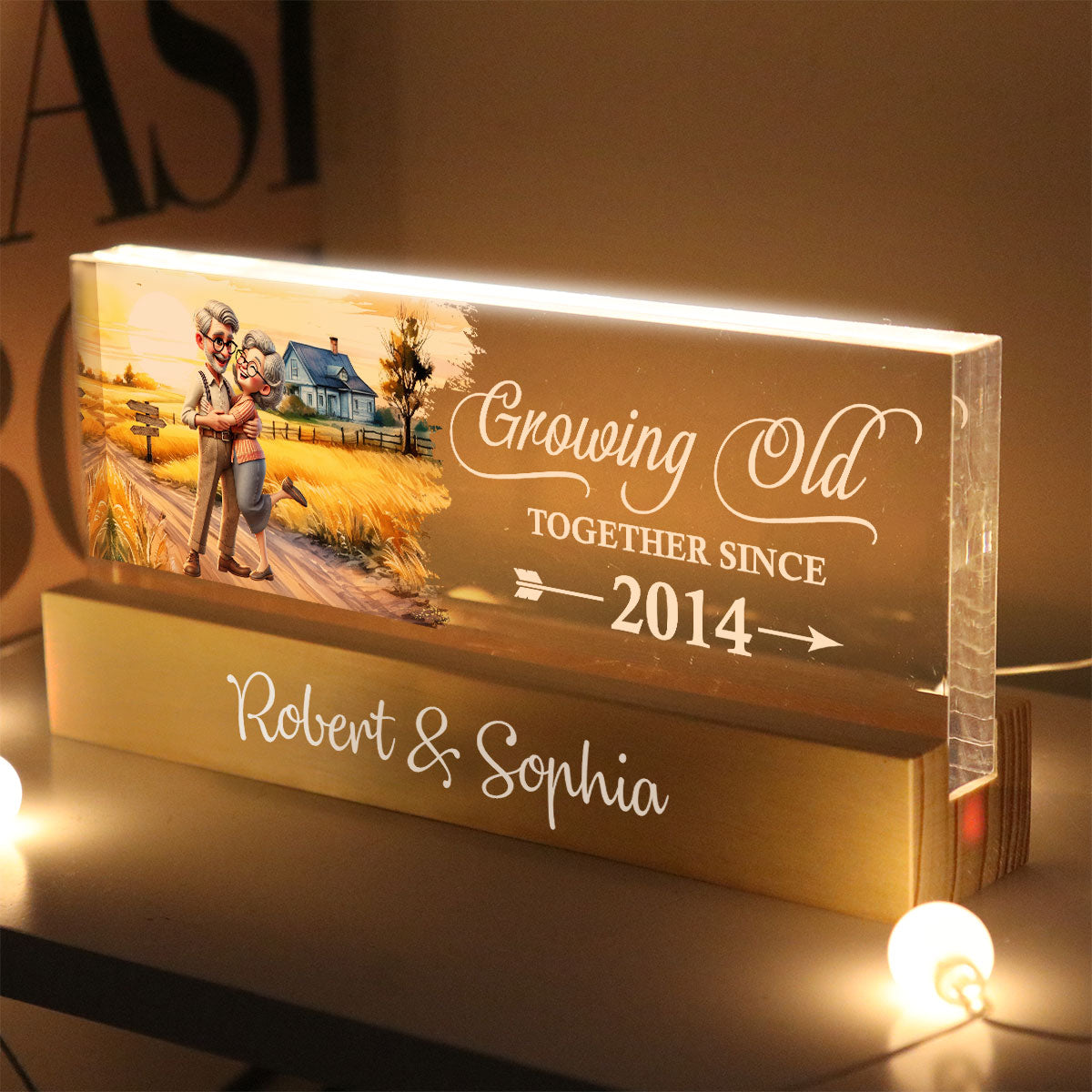 Happy Old Couple Vintage Farmhouse Personalized Acrylic Block LED Night Light, Anniversary For Him, For Her, Husband, Wife
