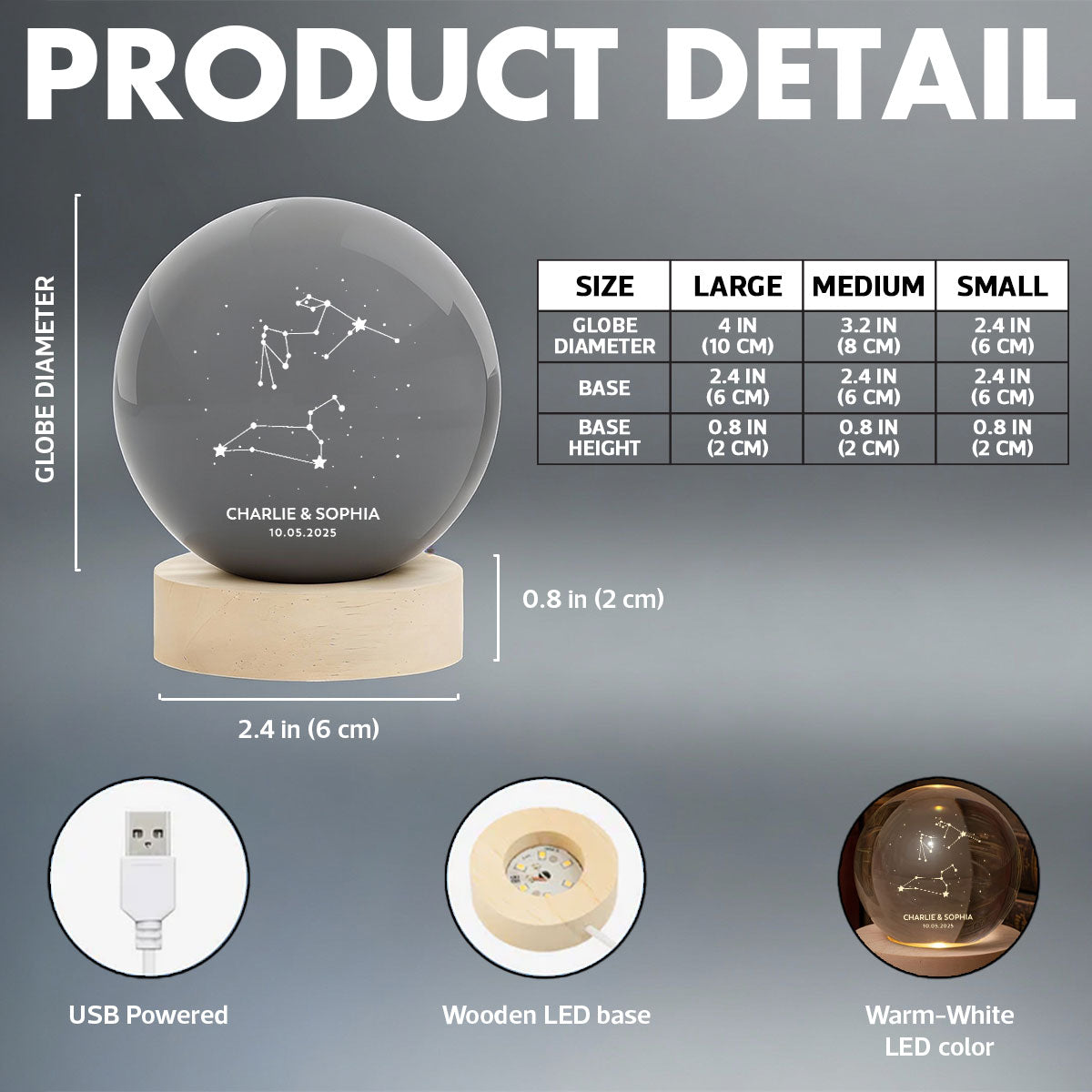 Couple Zodiac Constellation Astrology Star Sign Art - Personalized Crystal Ball LED Night Light - Gift For Couple