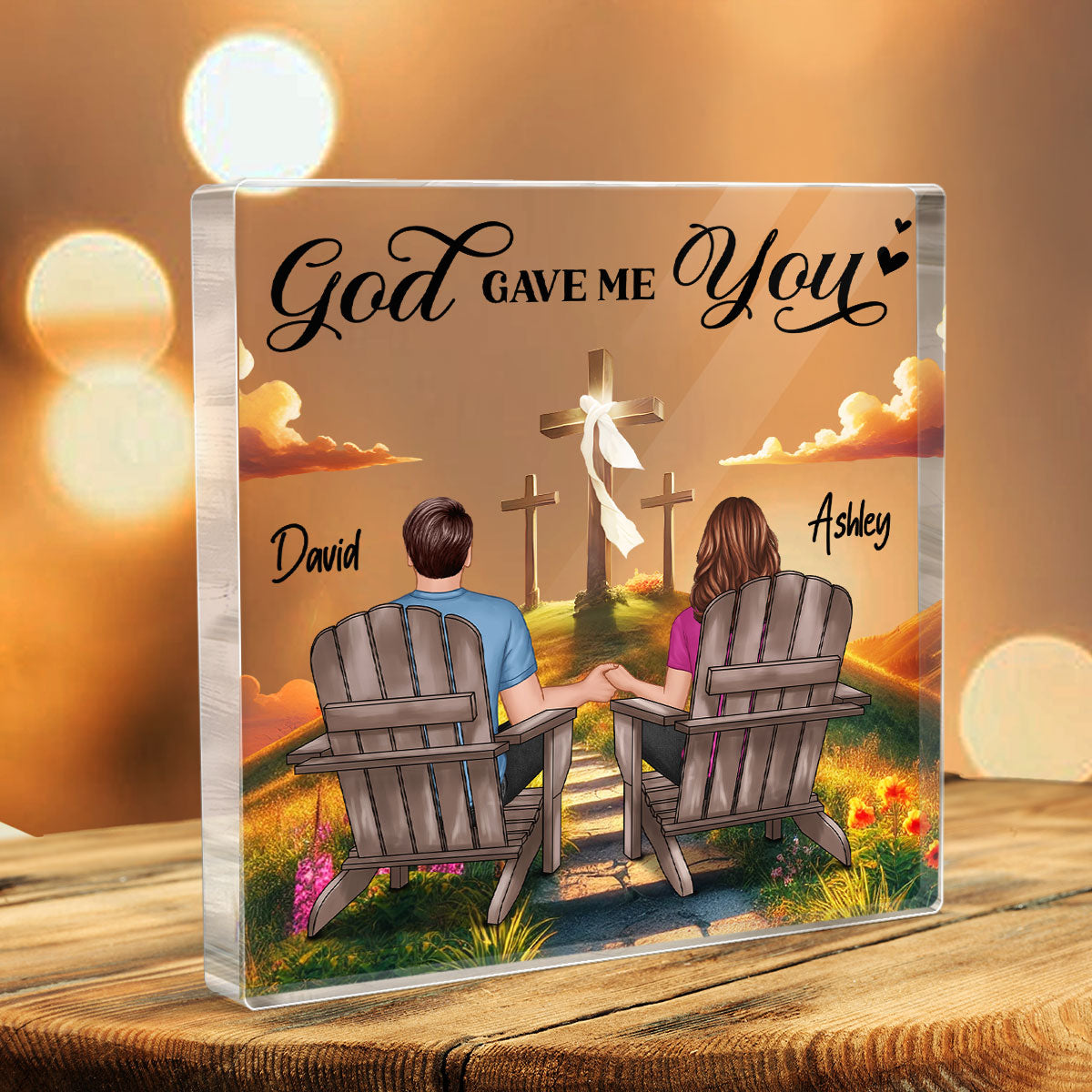 Cross God Knew My Heart Needed You Old Couple Sitting Together Personalized Acrylic Block Plaque, Anniversary Gift For Him, Her, Husband, Wife